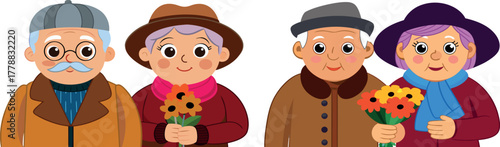 grandparents cartoon illustration, old couple vector, senior citizens art, family generation concept, elderly people design, happy grandparents clipart, retirement life art, grandpa grandma character,