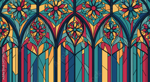 Vibrant stained glass window with intricate floral and geometric patterns in colorful panes