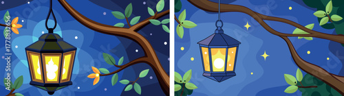 night scene illustration, moonlight lantern design, dreamy forest artwork, magical night wallpaper, soft night vector, romantic atmosphere art, sky at night drawing, fantasy tree illustration, peacefu