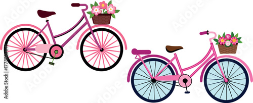 pink bicycle illustration, floral basket bike, spring cycling vector, vintage bicycle art, eco friendly travel clipart, lifestyle riding concept, romantic outdoor design, nature travel art, women bicy