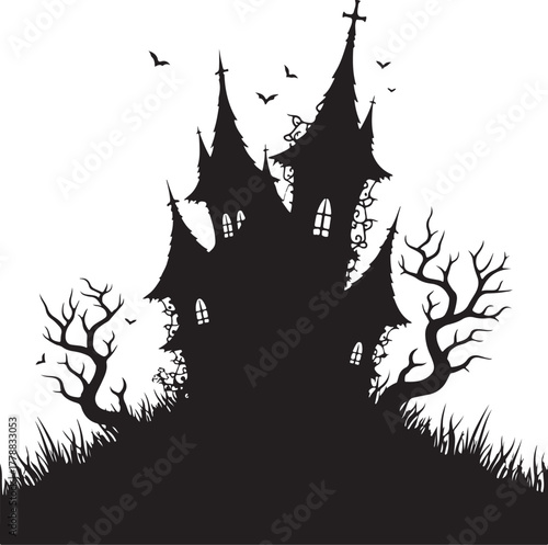Black silhouette of a spooky haunted mansion with bare trees