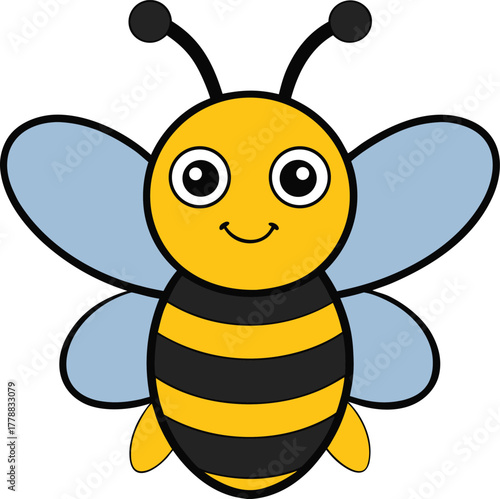 Cute Smiling Bee Cartoon Vector Illustration – Kawaii Bumblebee Icon with Blue Wings Isolated on White