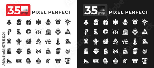 Christmas traditions glyph ui icons set. Celebrating happy winter holiday. New Year ornaments. Festive party. Black solid symbols vector iconset. User interface flat elements collection, pixel perfect