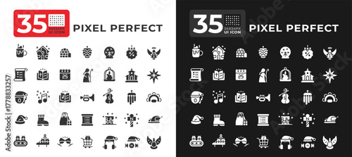 Christmas symbols glyph ui icons set for light and dark mode. Celebrating New Year holiday. Winter festival. Black solid symbols vector iconset. User interface elements collection, pixel perfect