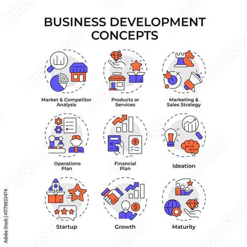 Business development multi color concept icons. Improving commercial activity performance. Financial goals. Icon pack. Vector images. Round shape illustrations for booklet. Abstract idea