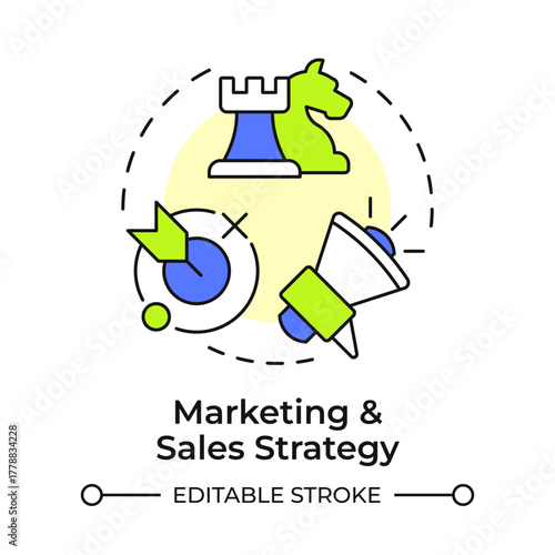 Marketing and sales strategy multi color concept icon. Attract customers. Key stage of business plan. Round shape line illustration. Abstract idea. Graphic design. Easy to use in infographic
