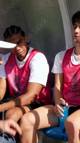 Soccer coach giving instructions to young players on the bench