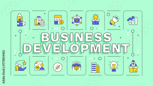 Business development green word concept. Commercial success goal. Corporate growth plan. Typography banner. Vector illustration with title text, editable icons color. Hubot Sans font used