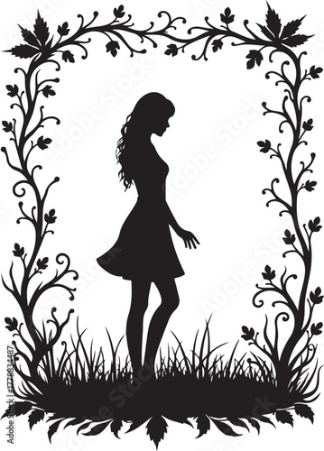 Black silhouette of a woman standing in grass within a floral frame