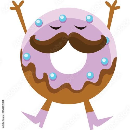 Whimsical Pink Frosted Donut Character with Moustache and Eyes Closed Enjoying a Peaceful Moment on a Transparent Background
