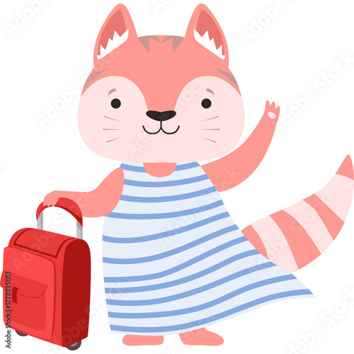 Whimsical Pink Fox Character Waving Hello While Holding a Red Suitcase Wearing a Blue and White Striped Dress