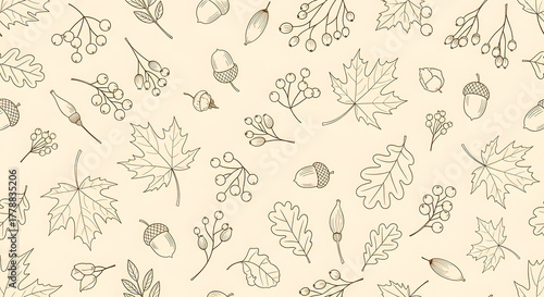 Charming hand drawn autumn leaf and acorn pattern for a warm, natural, and inviting seasonal design project