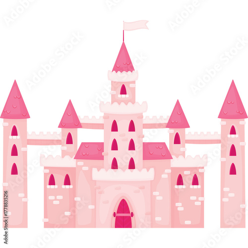 Whimsical Pink Pixel Art Castle With Towers and Flag on Transparent Background