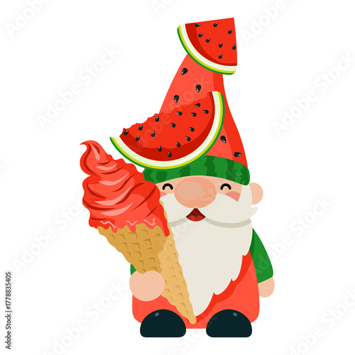 Whimsical pixel art gnome wearing a watermelon slice hat and holding a strawberry ice cream cone on a white background