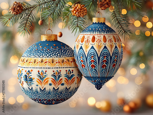 blue Christmas baubles on a...