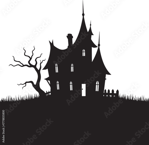 Black silhouette of haunted house with bare tree and fence