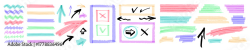 Pastel color marker highlights, underlines and arrows. Vector arrow line set. Brush texture marks underline. Watercolor strokes, sketch on paper. Hand-drawn frames, stripes, notes. Abstract school bg