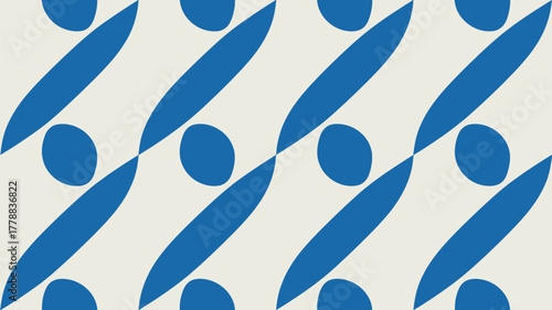 A seamless pattern of blue circles and elongated shapes on a white background repeating design