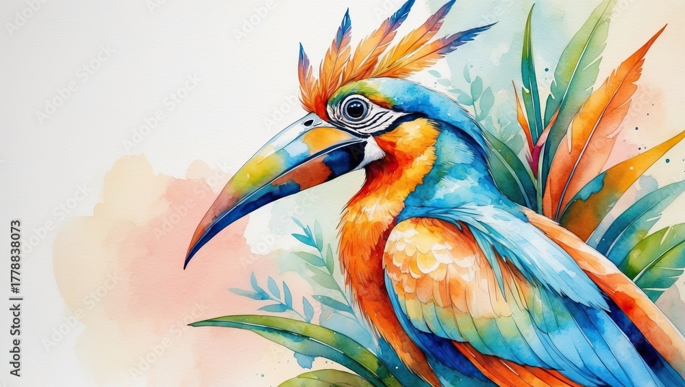 Fototapeta premium Tropical Parrot in Watercolor: Color, Feathers, and Dreamy Wildlife (AI-generated)