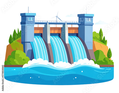Cartoon Illustration of a Hydroelectric Dam with Flowing Water Against a Transparent Background