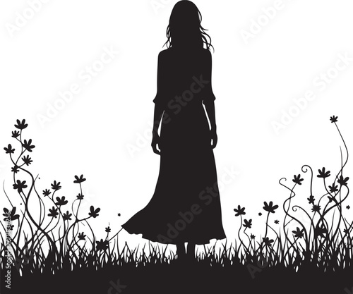 Silhouette of a woman standing in a field of flowers