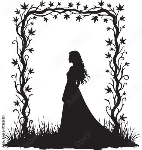 Silhouette woman in long dress under floral archway