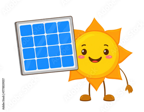 Cartoon Sun Holding Solar Panel Against Transparent Background