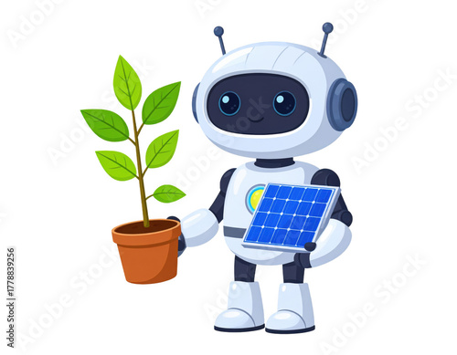 Cartoon Robot Holding Plant and Solar Panel on Transparent Background
