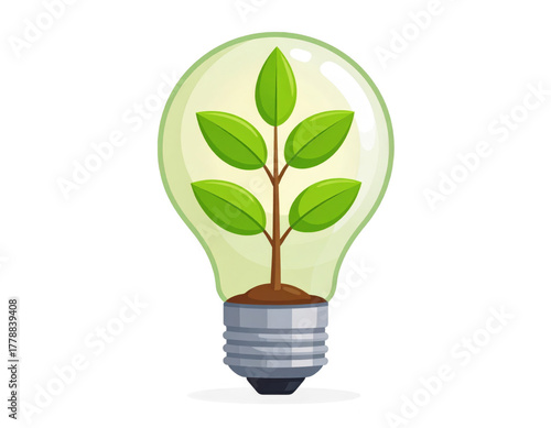 Green Plant Growing Inside Light Bulb on Transparent Background