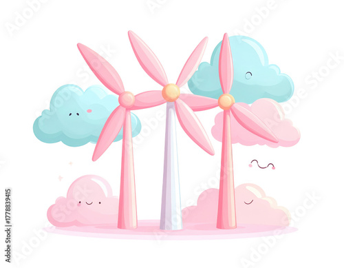 Cartoon Illustration of Wind Turbines with Pink Blades and Smiling Clouds in Pastel Colors with Transparent Background