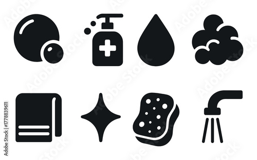 Set of hygiene icons featuring soap, water drop, towel, and shower head silhouettes