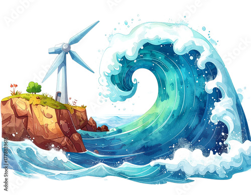 Pixelated Coastal Scene with Wind Turbine Towering Over a Crashing Ocean Wave Against Transparent Background
