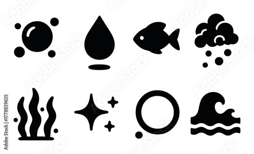 Abstract water elements icons set featuring fish and waves