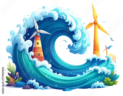 Cartoon Ocean Wave Enveloping Lighthouse And Wind Turbines Against Transparent Background