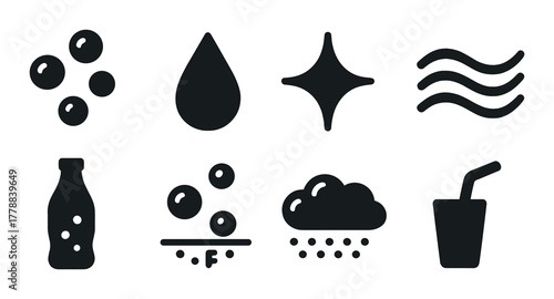 Icon set: beverage, drop, sparkle, waves, bottle, bubbles, cloud, drink