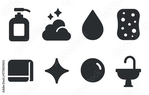 Bathroom icons set featuring soap, bubbles, water drop, sponge, towel, sparkle, bubble, and sink