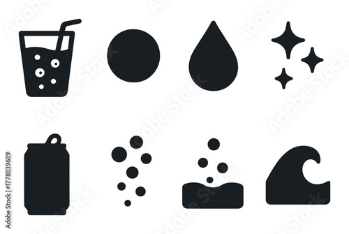 Icons of beverages and elements: soda, water drop, bubbles, waves, sparkle