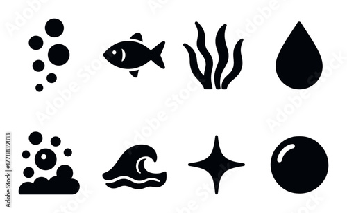 Minimalist black water themed icons: fish, bubbles, waves, seaweed, droplet, sparkle
