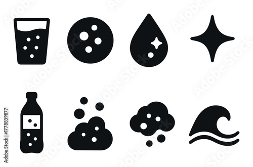 Minimalist black soda icons set with bubbles and waves