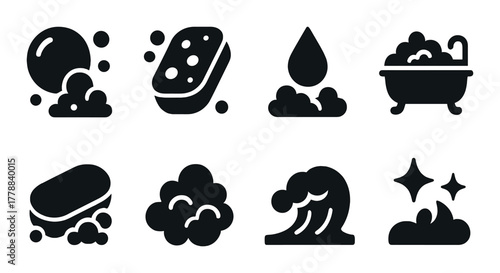 Minimalist black bath icons: soap, sponge, water droplet, bathtub, bubbles, stars