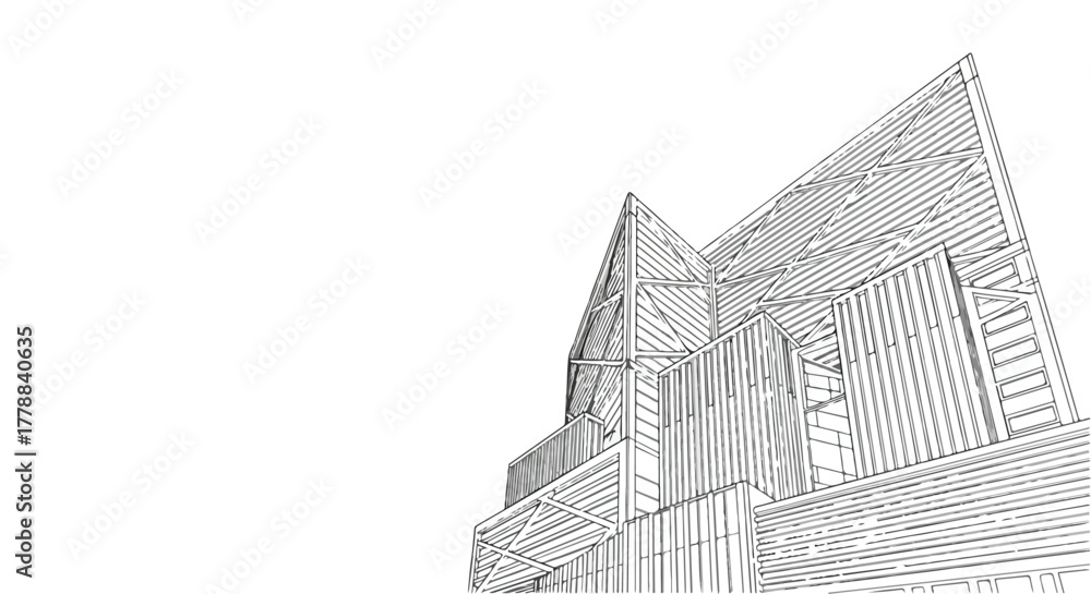 Fototapeta premium Contemporary wooden house architecture vector line art illustration.