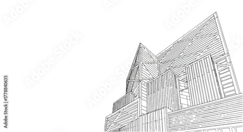 Contemporary wooden house architecture vector line art illustration.