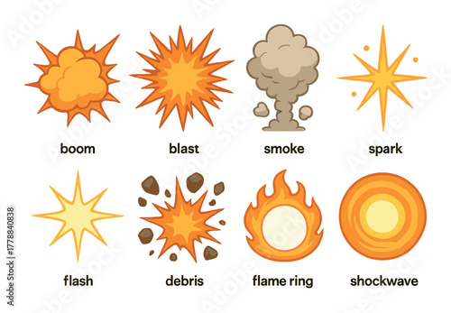 Illustration of explosive effects: boom, blast, smoke, spark, flash, debris, flame ring, shockwave