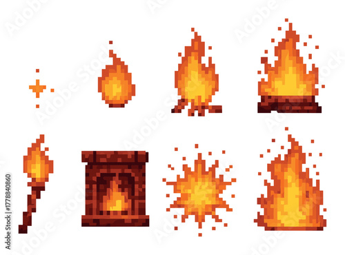Collection of pixel art fire animations: torches, flames, fireplace, and explosions