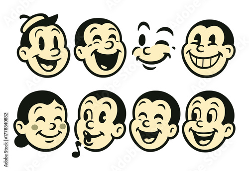 Vintage cartoon character collection with expressive faces on yellow background
