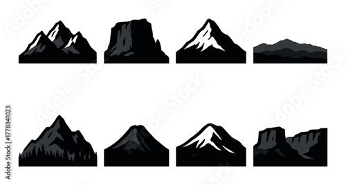 Silhouette mountain icons on dark background: eight unique peaks