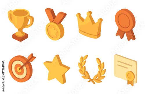 Gold award icons set featuring trophy medal crown target star certificate