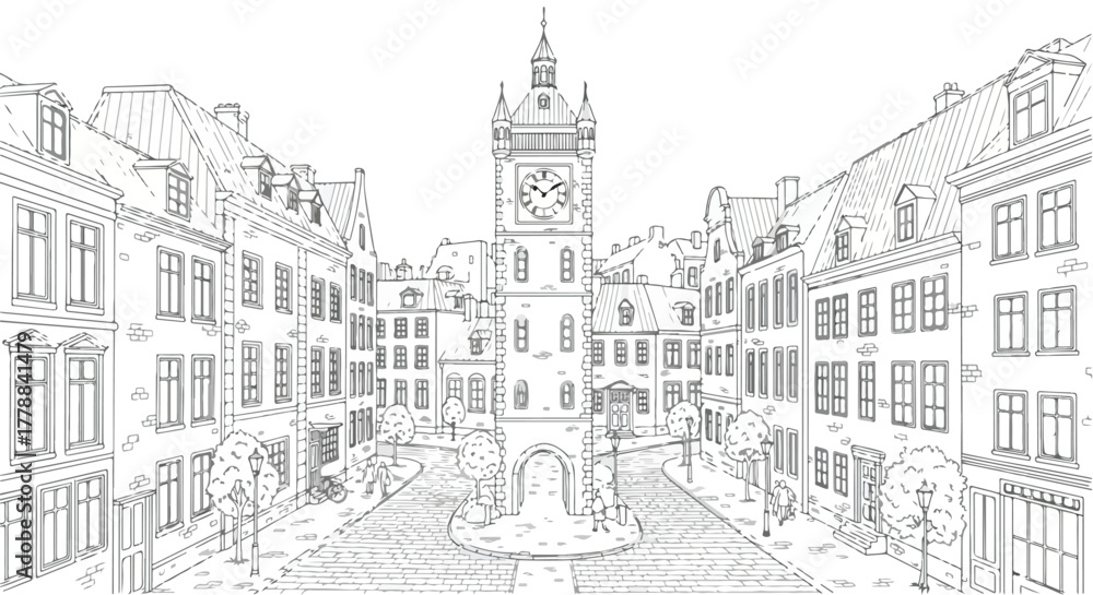Obraz premium European square with fountain and buildings vector line art illustration.