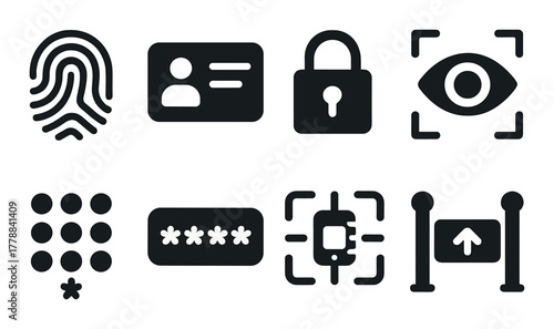 Digital security icons including fingerprint lock eye and password symbols