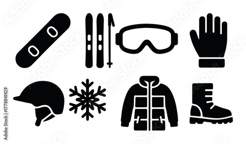 Winter sports gear icons: goggles, snowboard, ski poles, gloves, helmet, jacket, boots